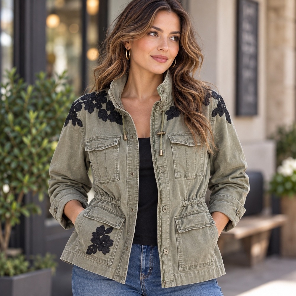 Lane Bryant Olive Green Utility Jacket Black Floral Lace Applique 14/16
